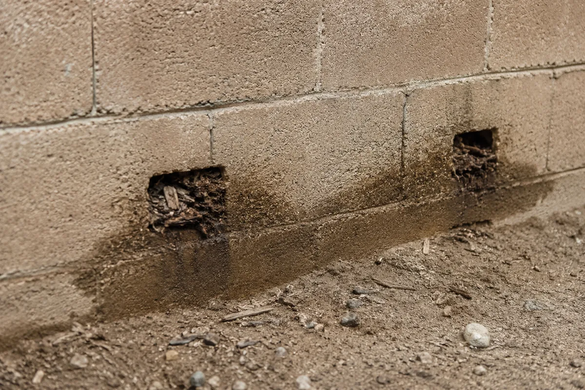 Close-up of a retaining wall base where the weep holes are blocked by soil and landscaping, with damp staining showing trapped water behind the wall