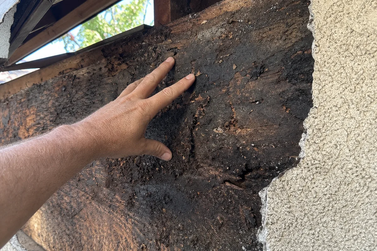 Rotted plywood sheathing exposed behind removed stucco at a roof-to-wall junction, the wood darkened and soft from prolonged moisture entry