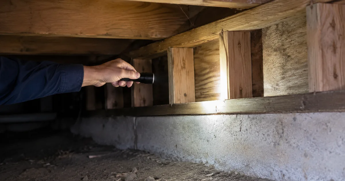 Home inspector checking cripple-wall bolting and foundation in the crawlspace of a San Bernardino home