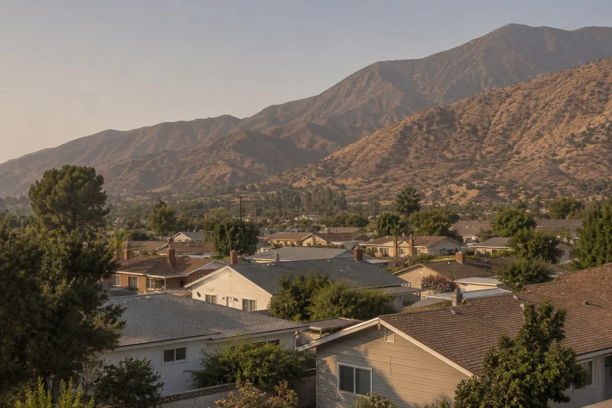 Wide view of a San Bernardino valley neighborhood of older and postwar homes below the San Bernardino Mountains and the fault-lined foothills