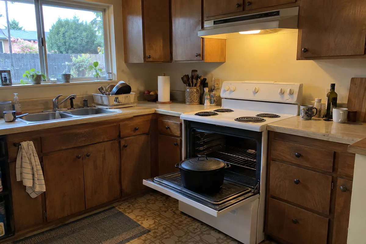 A 1970s ranch kitchen with a freestanding electric range, its oven door open and a heavy cast-iron pot resting on it