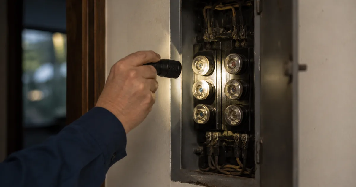 Home inspector examining an old fuse panel and undersized electrical service in a 1920s San Marino estate