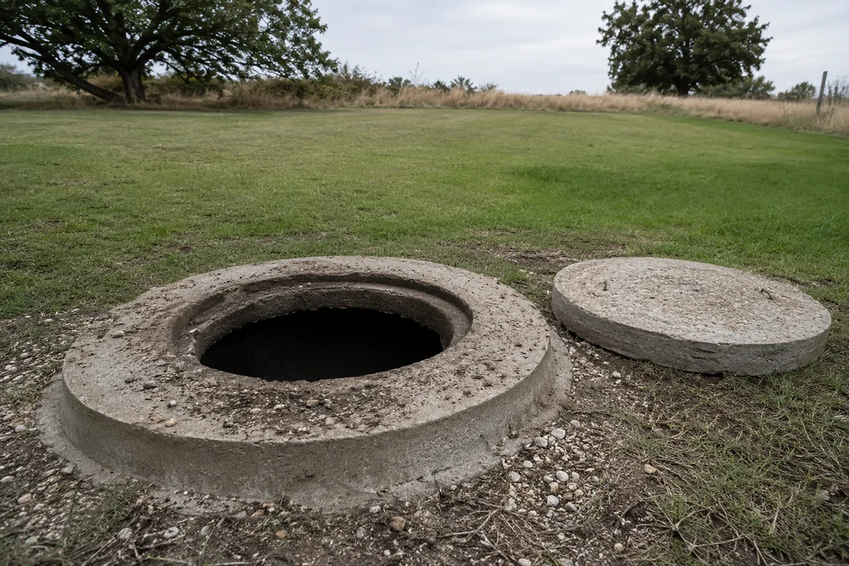 Septic tank access opening uncovered for inspection on a rural property, with the concrete lid set aside and the leach field area visible in the background