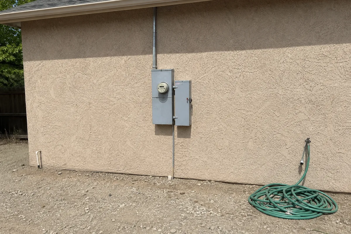 Wide exterior context shot of an electrical meter and disconnect enclosure mounted on a home's exterior wall, working clearance clear in front of it, daylight