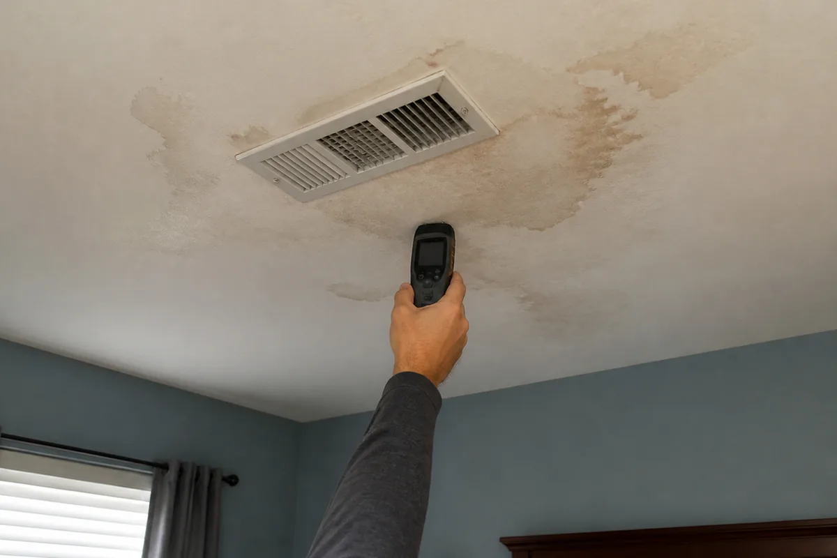 A hand holding a moisture meter probe against a stained ceiling drywall patch directly below an HVAC register, interior ambient light