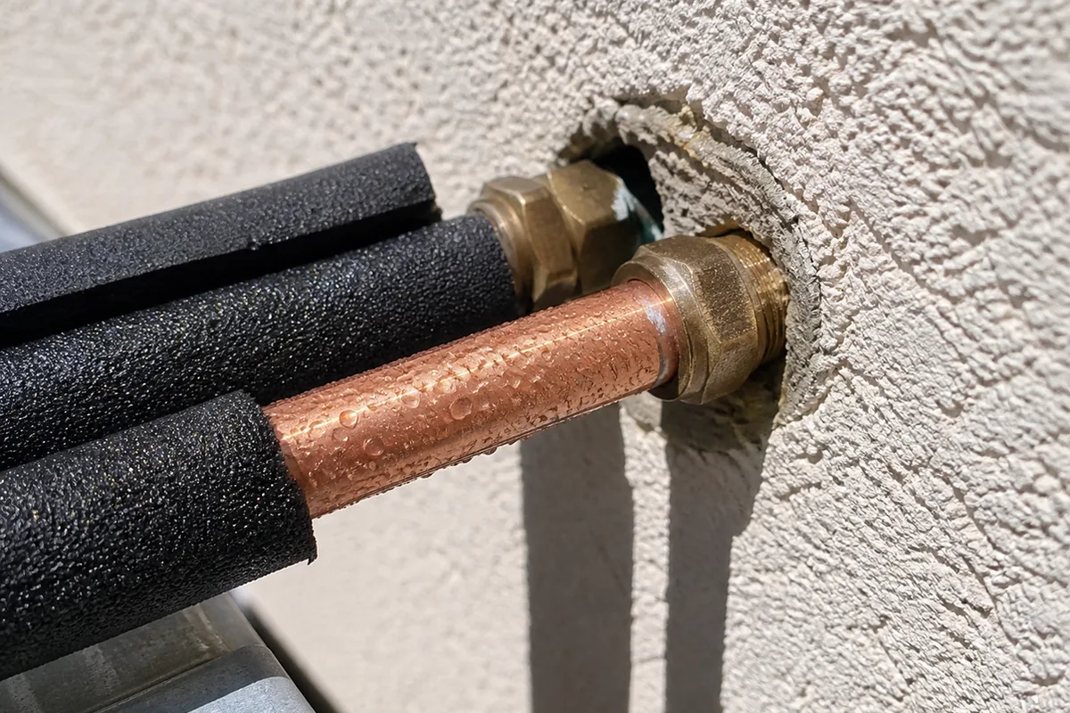 Macro view of a bare refrigerant line set entering an exterior wall with a section of foam insulation missing, beaded moisture visible on the exposed copper