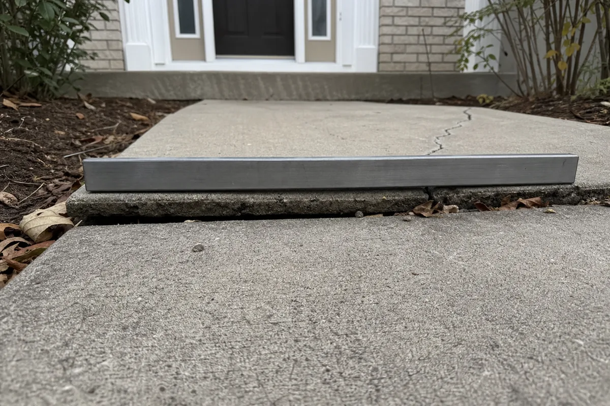 A straight edge laid across a heaved walkway joint showing a clear offset, with the camera at ground level looking along the concrete surface