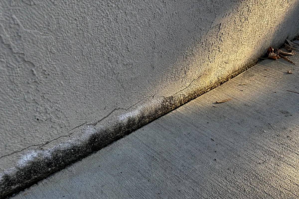 Stucco troweled straight down to a concrete patio slab with no gap, efflorescent staining along the joint under hard raking light