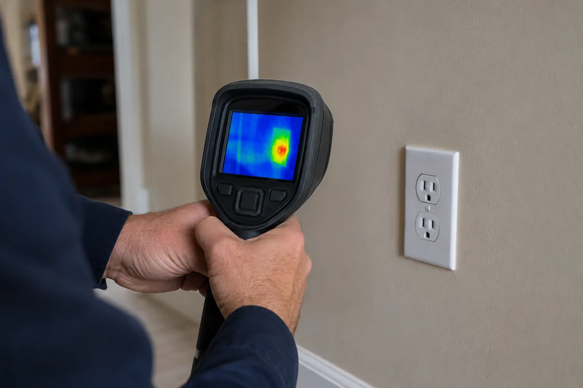 Thermal imaging perspective of a home inspector's hands holding a FLIR camera aimed at a wall receptacle, with a warm signature at the outlet indicating a degraded aluminum connection