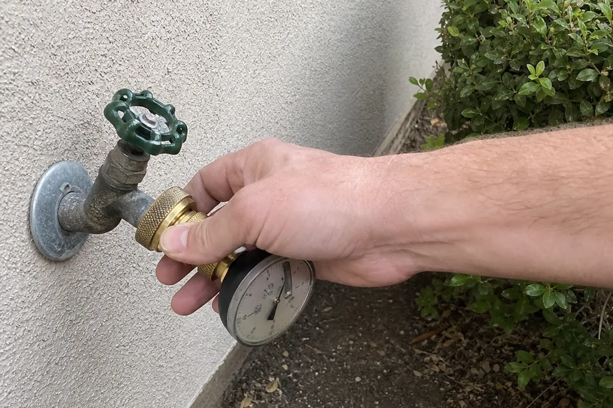 A bare hand threading a round pressure test gauge onto an exterior hose bib low on a stucco wall