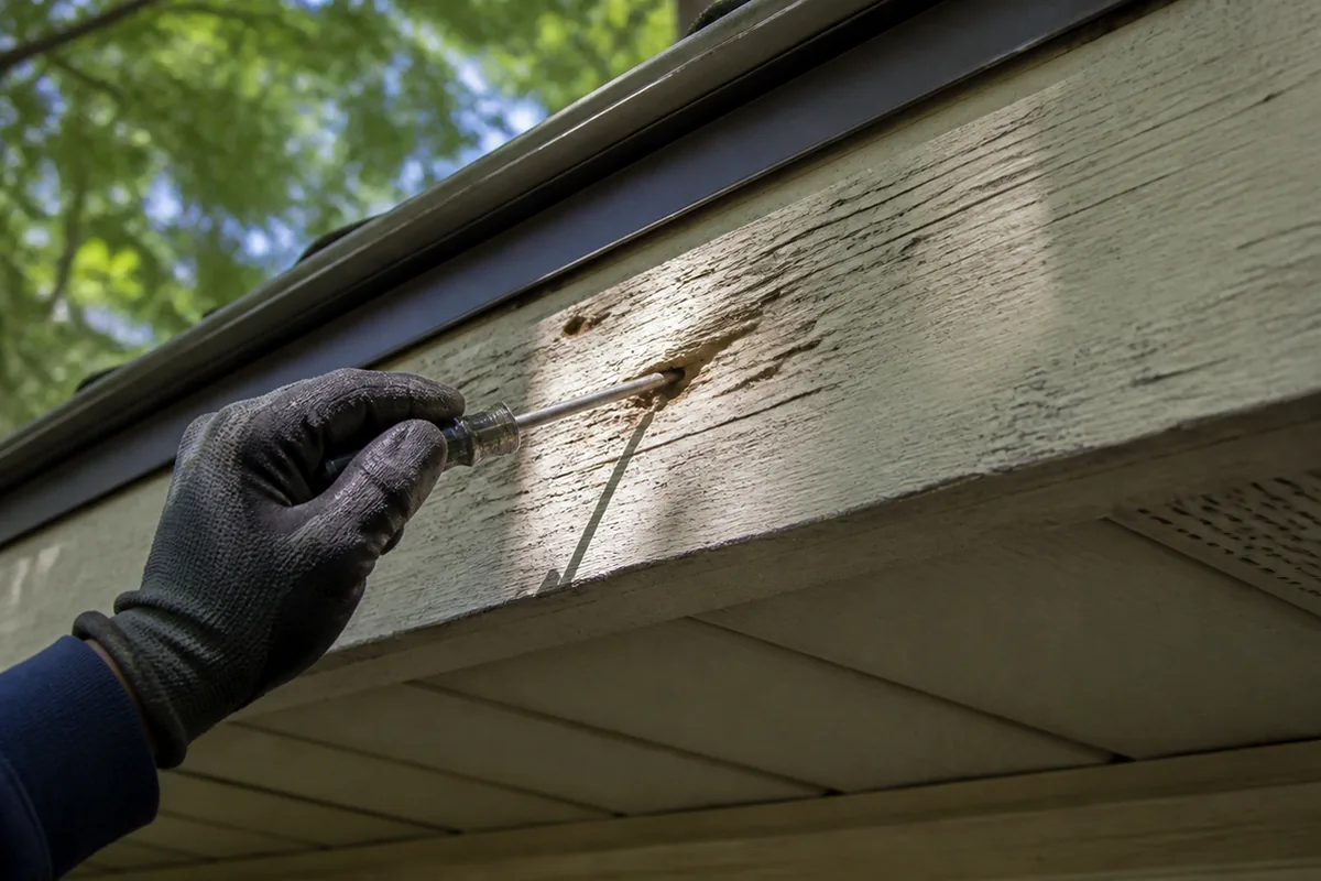 A gloved hand pressing a blunt awl into a soft, spongy section of exterior fascia board, the tool tip sinking in without resistance