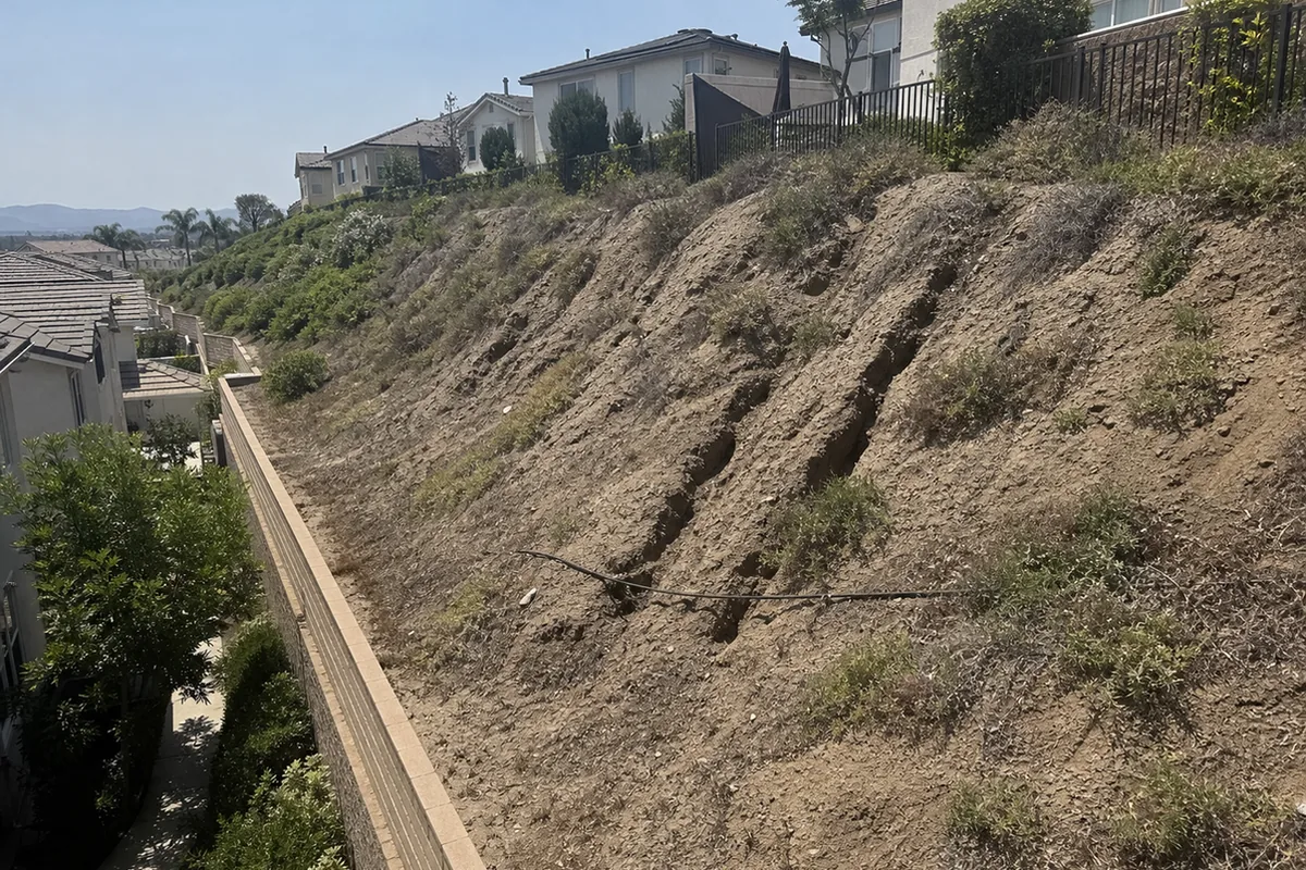 Elevated wide view down a landscaped slope bank between two levels of tract homes, showing patchy dying planting, several vertical erosion gullies cut into bare soil, and a length of exposed irrigation line lying loose across the slope face