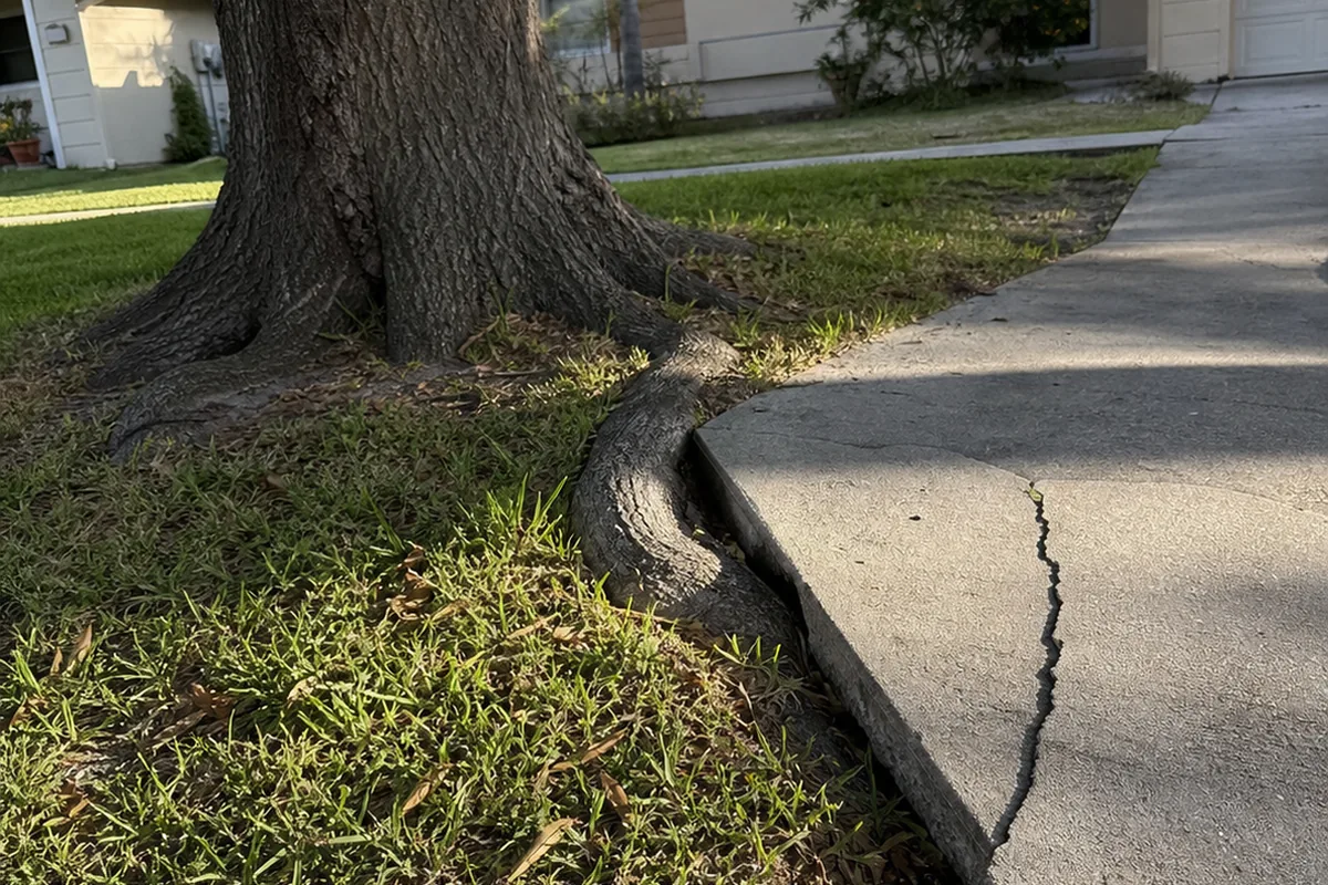 A mature Liquidambar tree at the parkway with a thick surface root disappearing under the driveway edge, the concrete panel beside it lifted and cracked