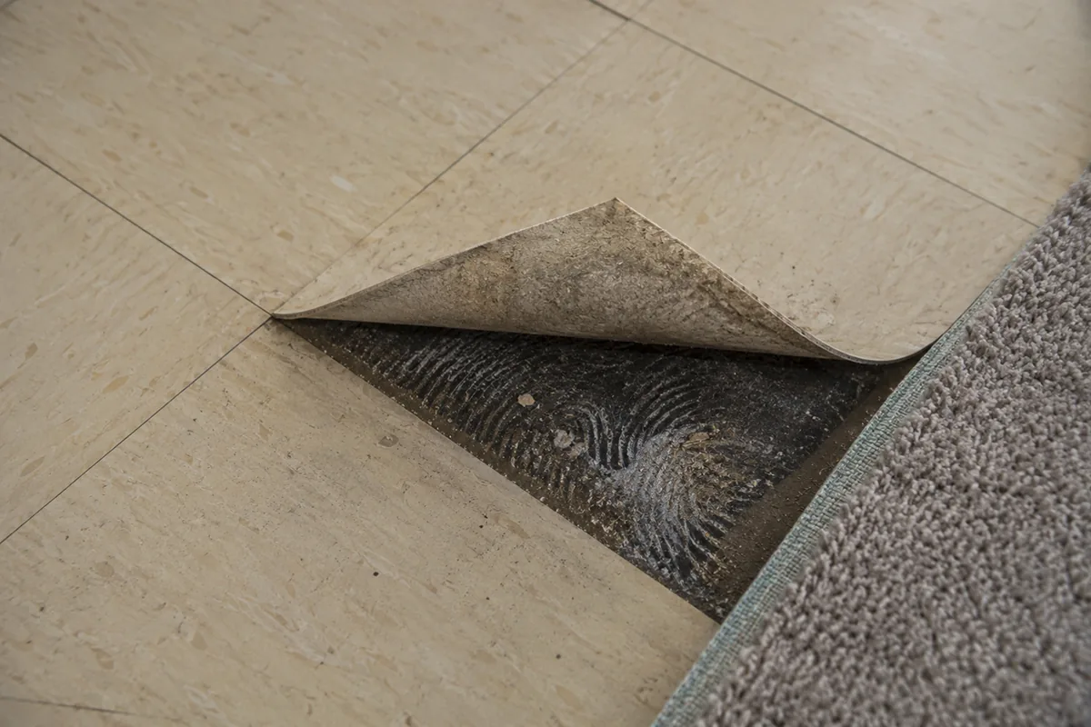 Original nine-by-nine-inch vinyl floor tiles lifting at a corner, revealing the dark mastic beneath, in an older home