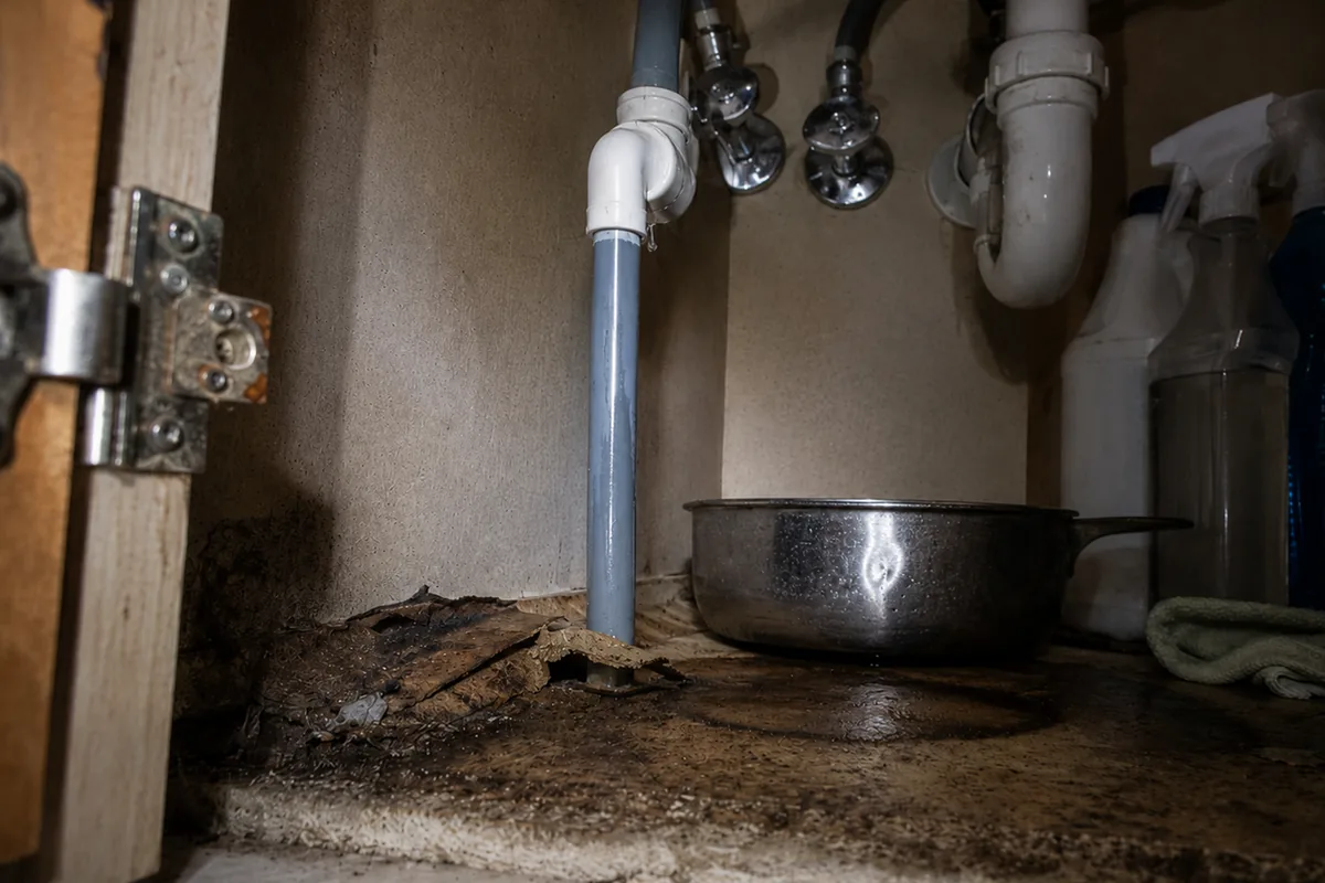 Cracked polybutylene fitting leaking under a bathroom vanity with water-damaged particleboard and a saucepan catch basin