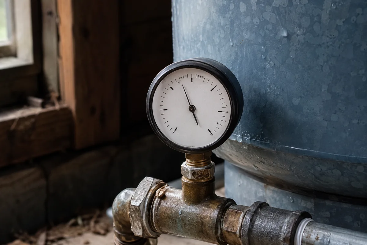 Macro view of a private well pressure tank and pump assembly in a rural equipment shed, with an analog pressure gauge reading mid-cycle
