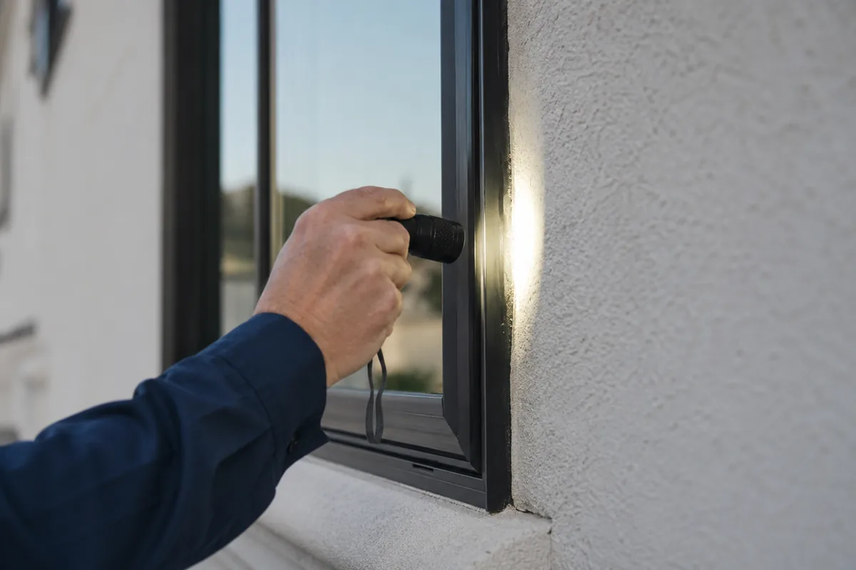 Home inspector pointing a flashlight at the flashing where a new vinyl-clad window meets the stucco wall on a newly built home