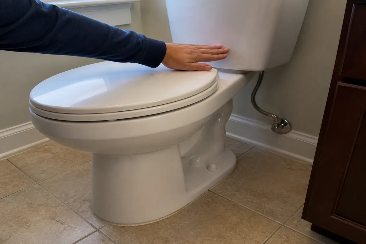 A hand pressing gently on a toilet base to test for movement at the floor, tile flooring visible around the fixture