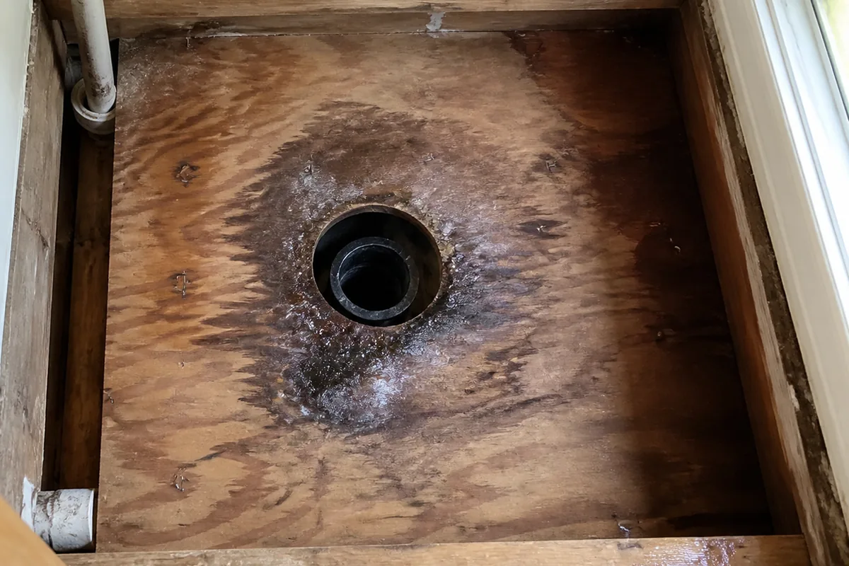 Straight-down view into a bathroom subfloor access point showing water-stained, darkened plywood near a drain opening, exterior daylight from a window