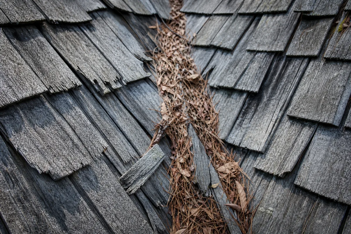Aerial close-up of an aged wood-shake roof valley with curling gray shakes and dry leaf and needle debris collected