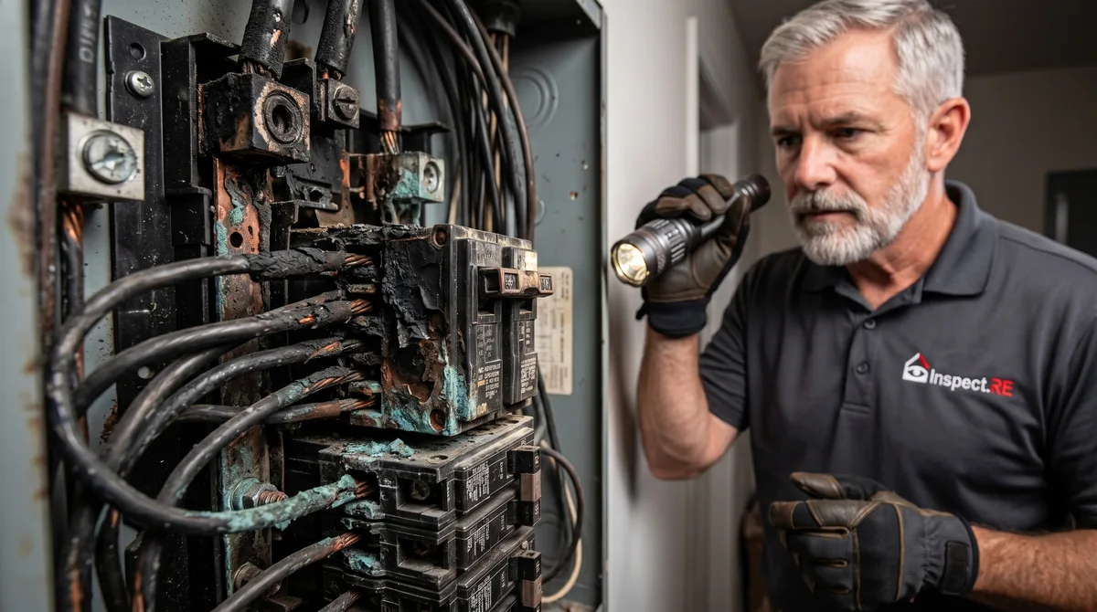 Inspect.re home inspector examining corroded copper wiring and HVAC components for signs of defective Chinese drywall in California home