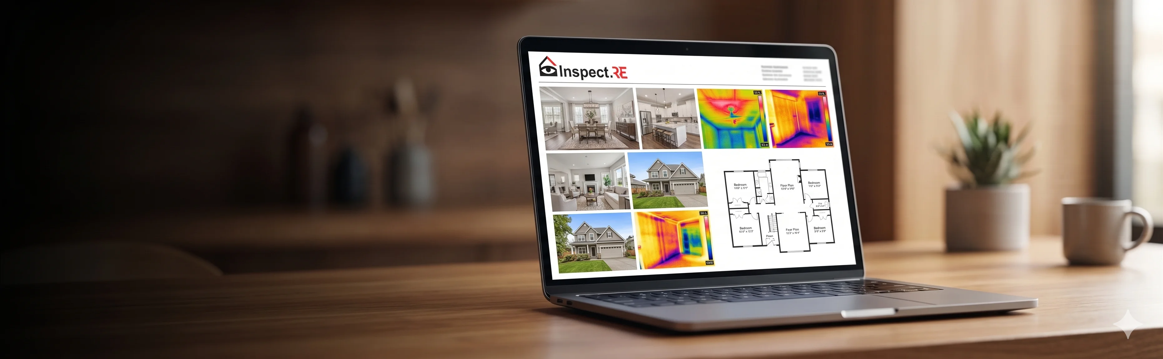 Same-day Inspect.re home inspection report with infrared thermal imaging and floor plans on laptop