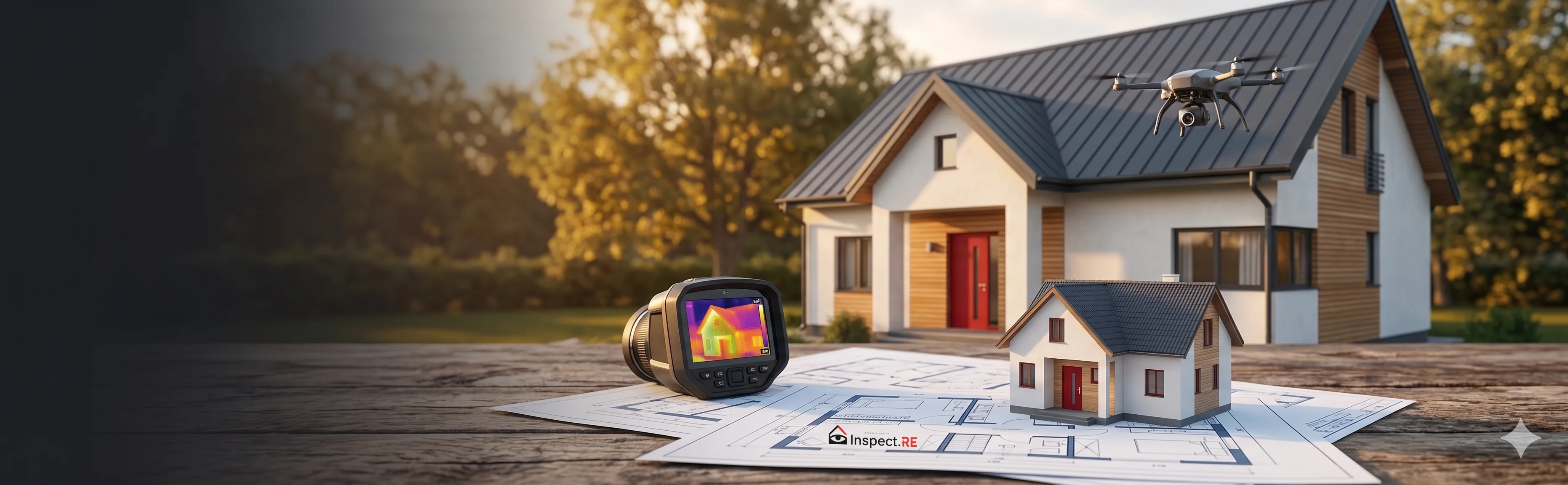 Inspect.re home inspection tools including infrared thermal camera, drone roof inspection, and LIDAR floor plan blueprints with model house in California