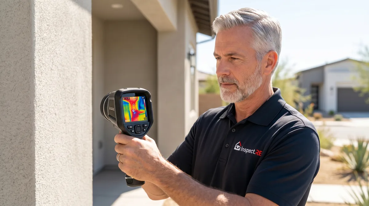 Inspect.re inspector performing infrared thermal scan on Southern California home to detect hidden moisture, energy loss, and electrical hazards