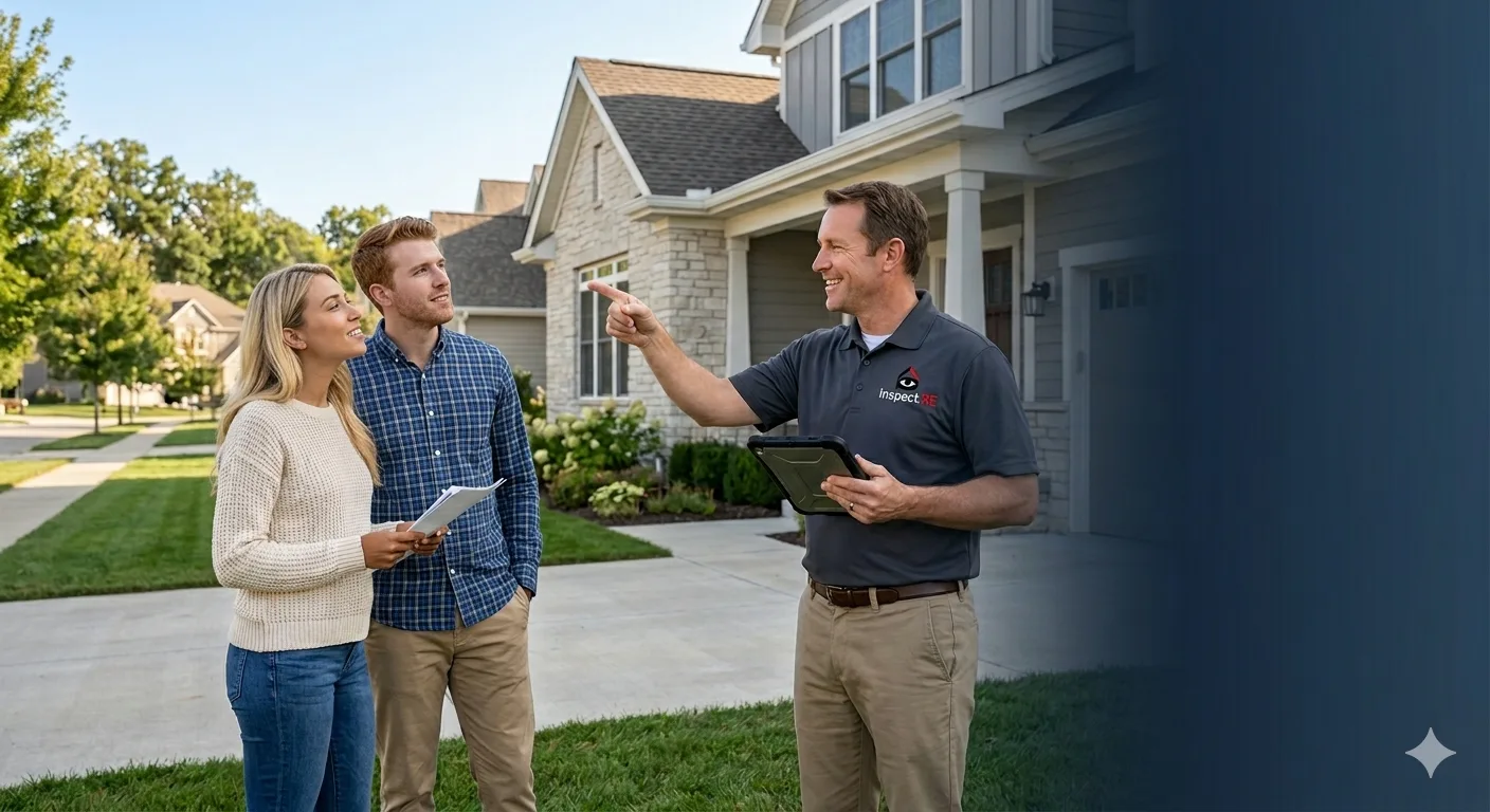 Inspect.re home inspector explaining findings to homeowners in front of California home