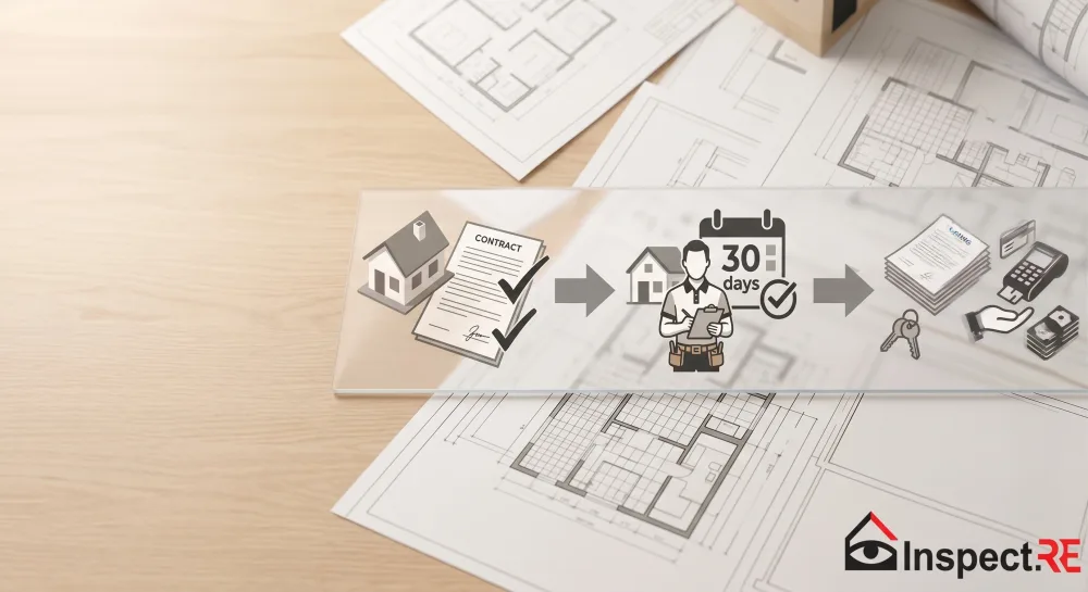 Inspect.re pay at closing process showing contract signing, 30-day home inspection with inspector, and payment at escrow close in California