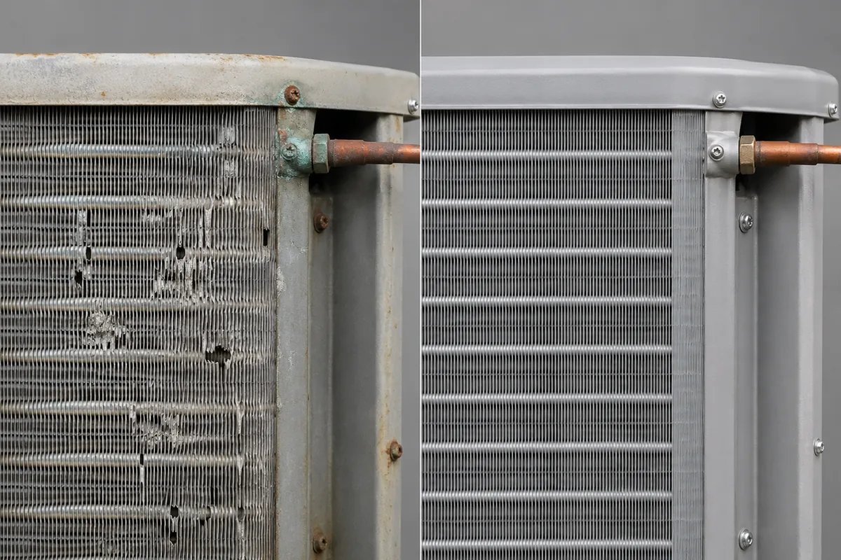 Side-by-side comparison of corroded vs new AC condenser coils showing salt air damage patterns