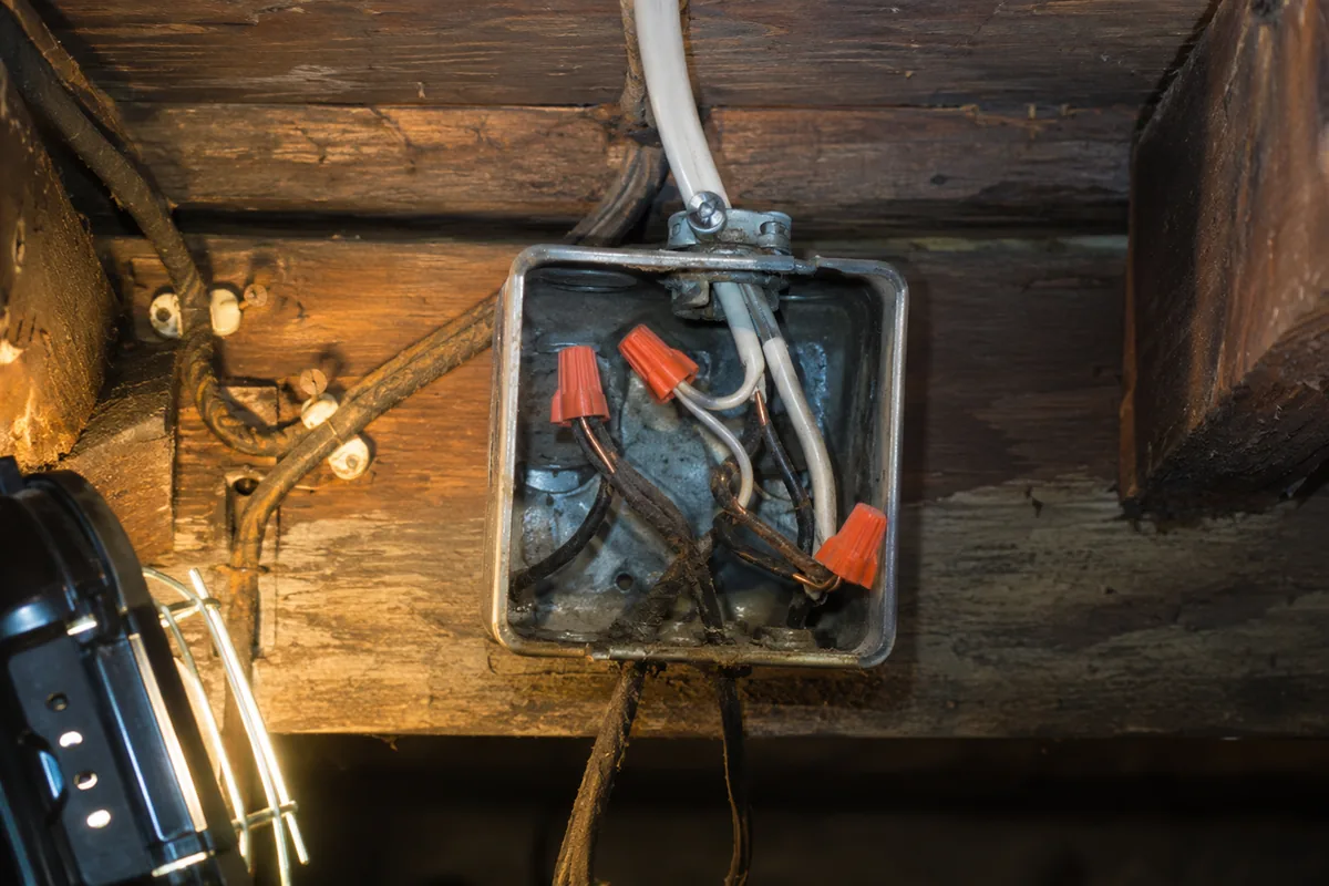 Junction box where original knob-and-tube conductors have been spliced to modern plastic-sheathed cable with wire nuts, an improper and hazardous modification
