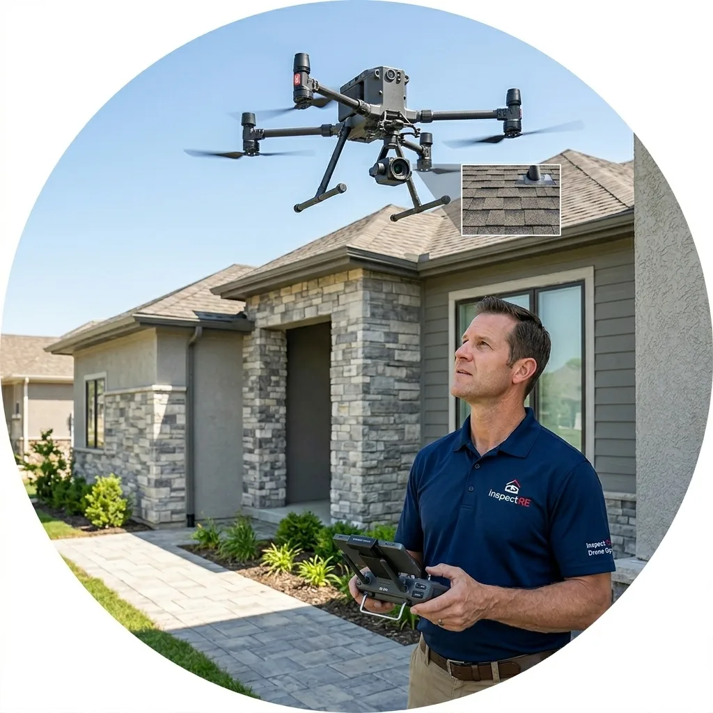 Inspection.re drone pilot performing aerial roof inspection of a California home
