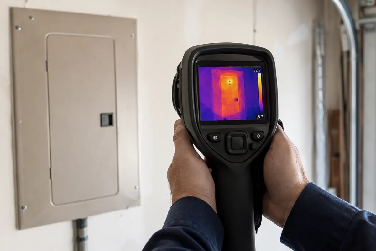 Home inspector using a flashlight to read the handwritten panel directory and factory labels inside the door of a residential electrical service panel