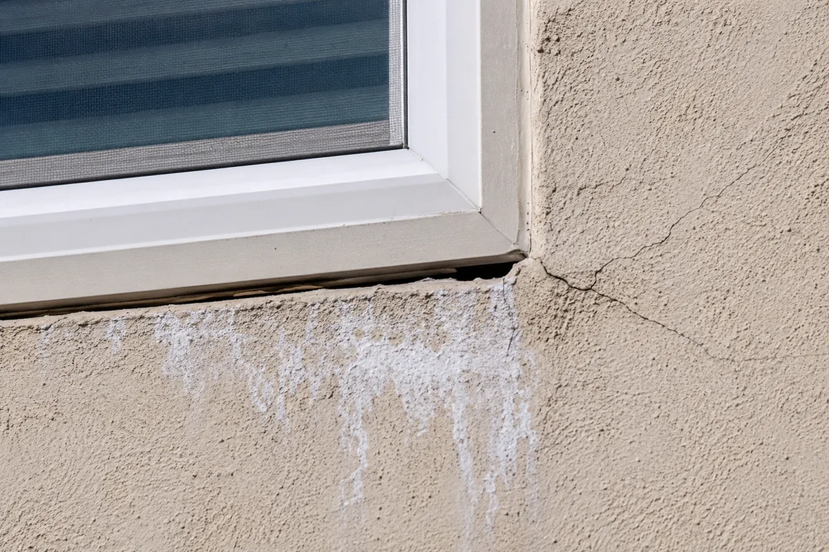 White mineral efflorescence bleeding through stucco below a window frame with hairline cracks radiating from the corner