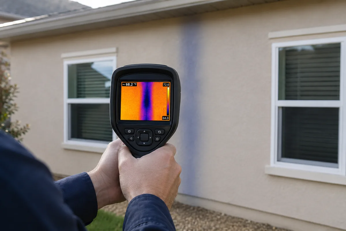 FLIR thermal camera pointed at an exterior stucco wall showing a vertical cold streak indicating moisture intrusion between two windows