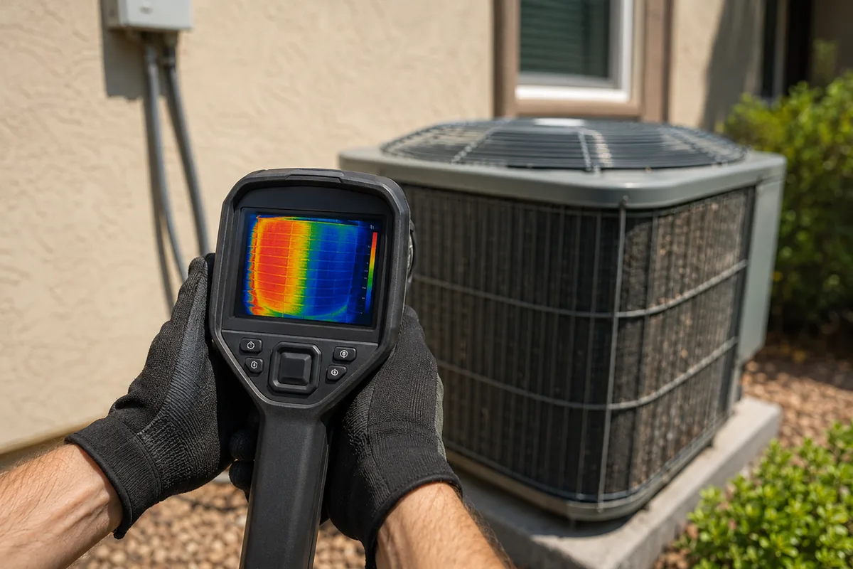 Inspector using a FLIR thermal camera on an AC condenser coil at a coastal property