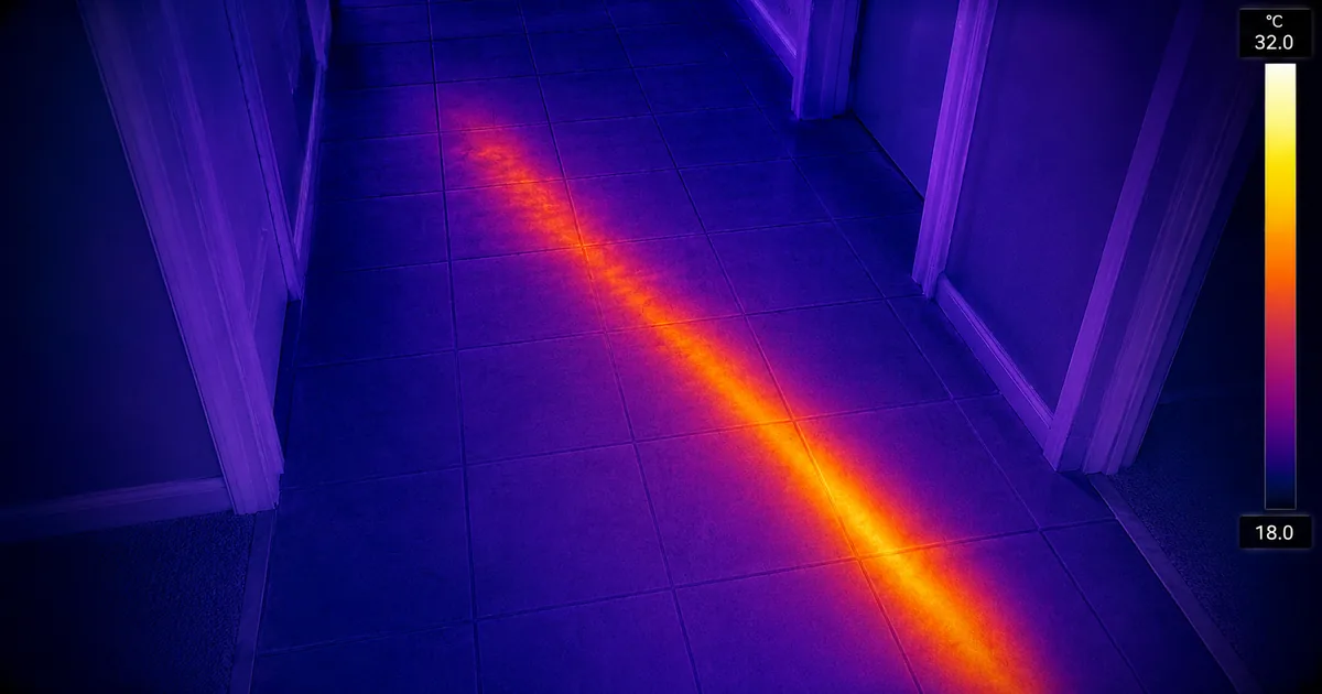 Thermal imaging scan of a tile floor in a Lake Elsinore home showing a heat signature consistent with a hot-water slab leak