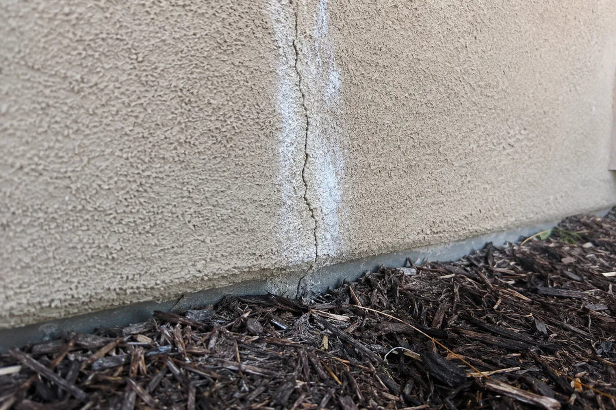 Stucco wall hairline crack reaching a weep screed partially buried in soil, with efflorescence at the base