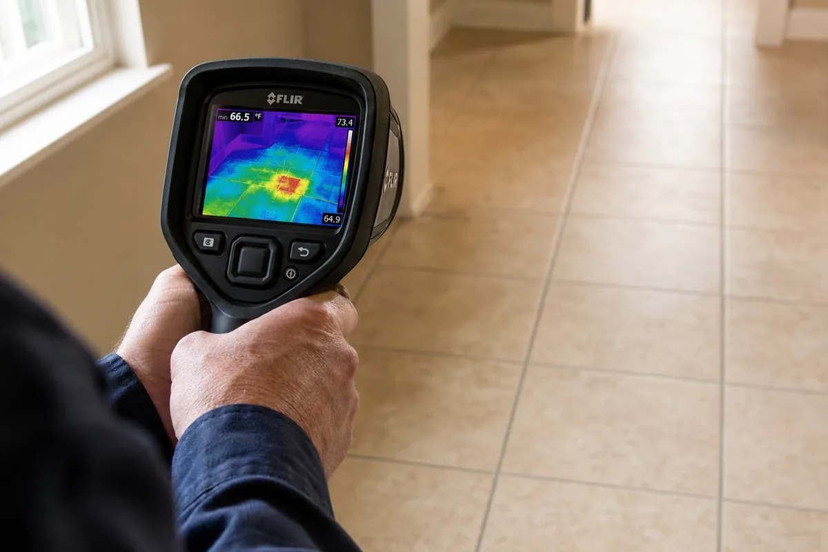 Inspector's hands aiming a thermal imaging camera at a tile floor, false-color display showing a warm spot
