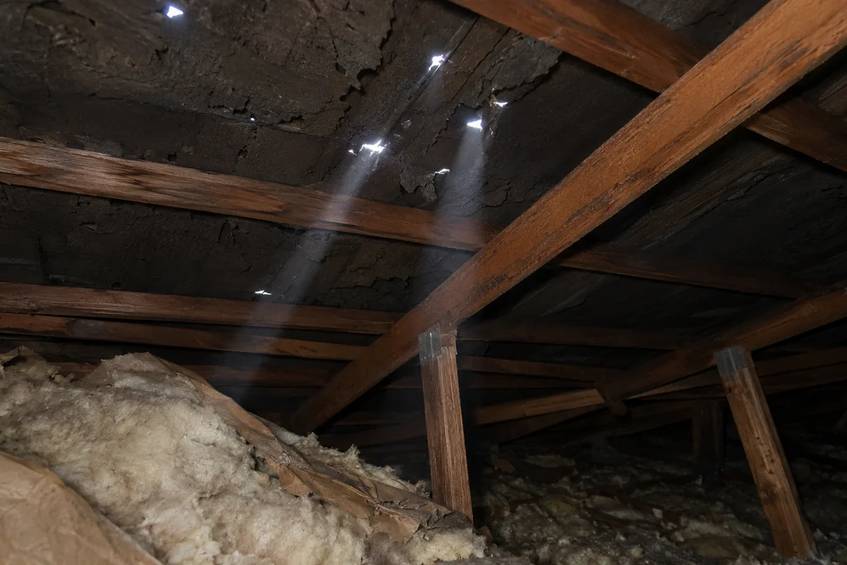 Attic interior of a Murrieta tract home: daylight visible through pinholes in the roof deck where the underlayment has failed at the ridge