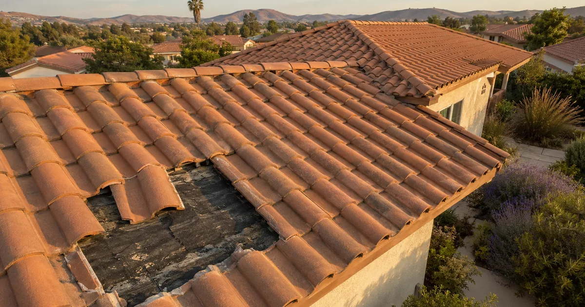 Drone view of a Spanish-tile roof on a Murrieta tract home showing a failed underlayment patch where loose tiles have exposed deteriorated felt