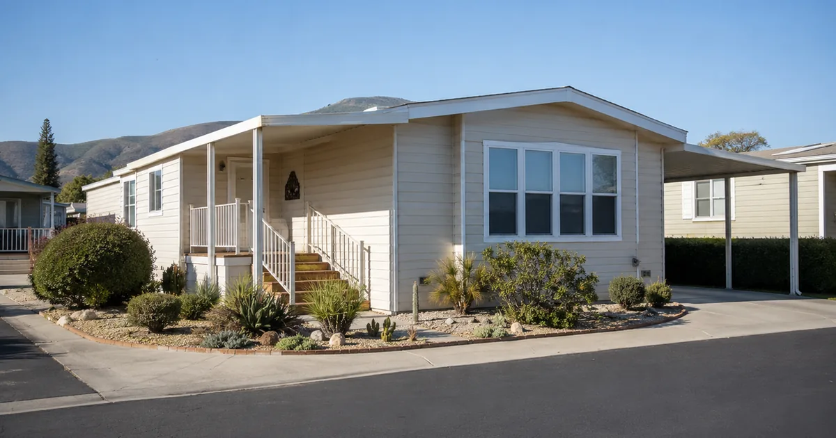 Double-wide manufactured home in an Oceanside 55-plus community with low coastal hills behind it