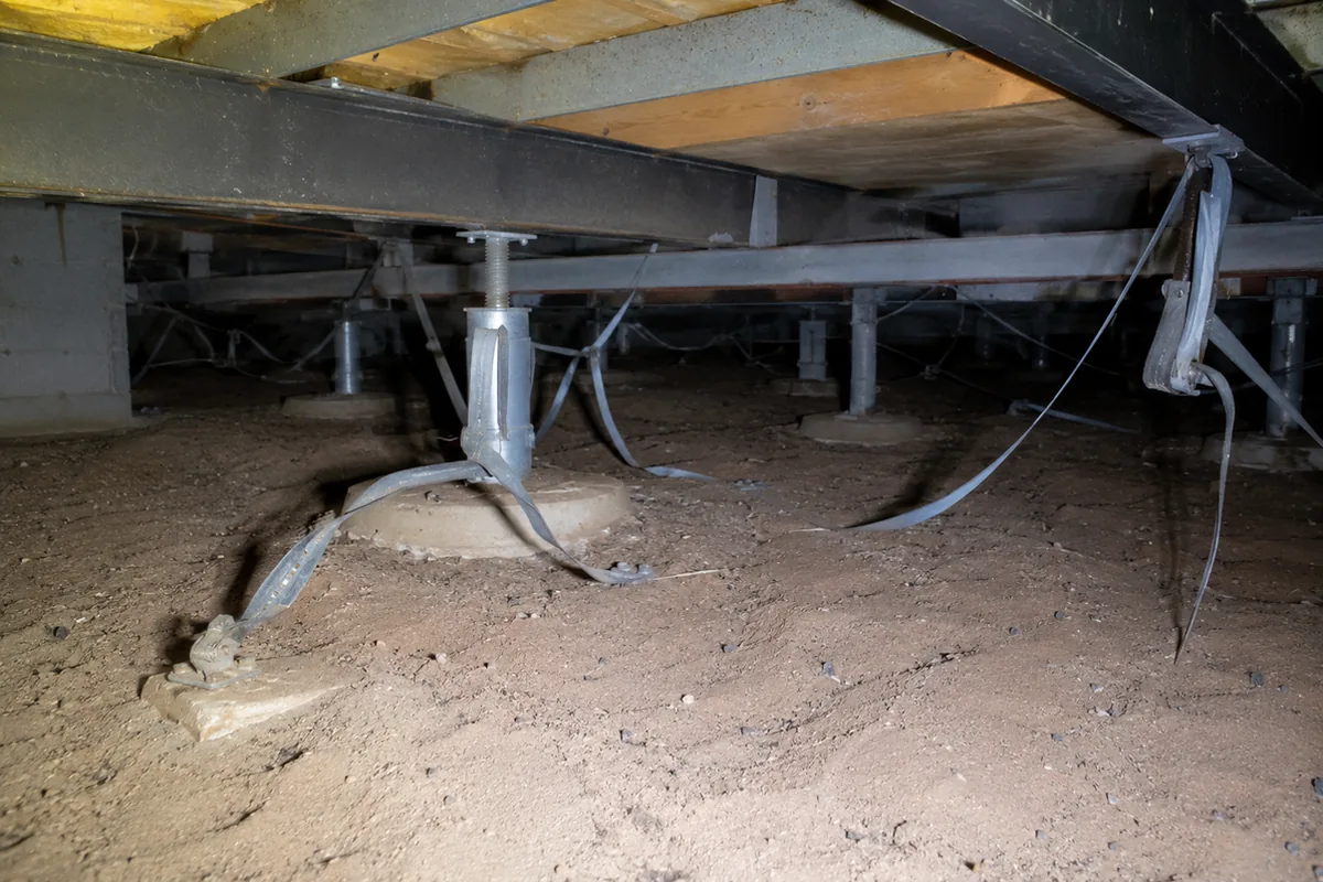 Under a manufactured home showing steel frame rails, metal pier supports, and earthquake bracing straps anchored to the ground, with some straps visibly loose