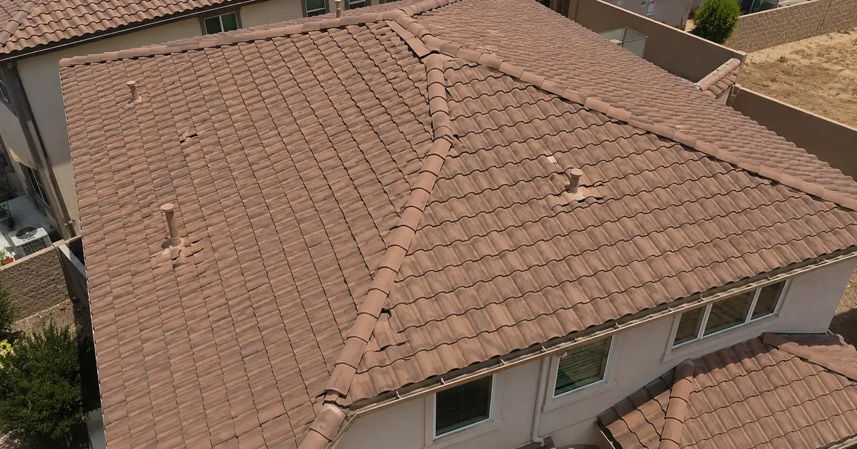 Drone photo of a concrete tile roof on a Riverside home where roof underlayment condition needs further evaluation