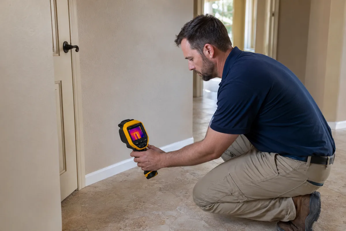 Inspection.re inspector kneeling on a tile floor in a Lake Elsinore home, holding a handheld thermal imaging camera up to scan the floor for heat signatures consistent with a hot-water slab leak