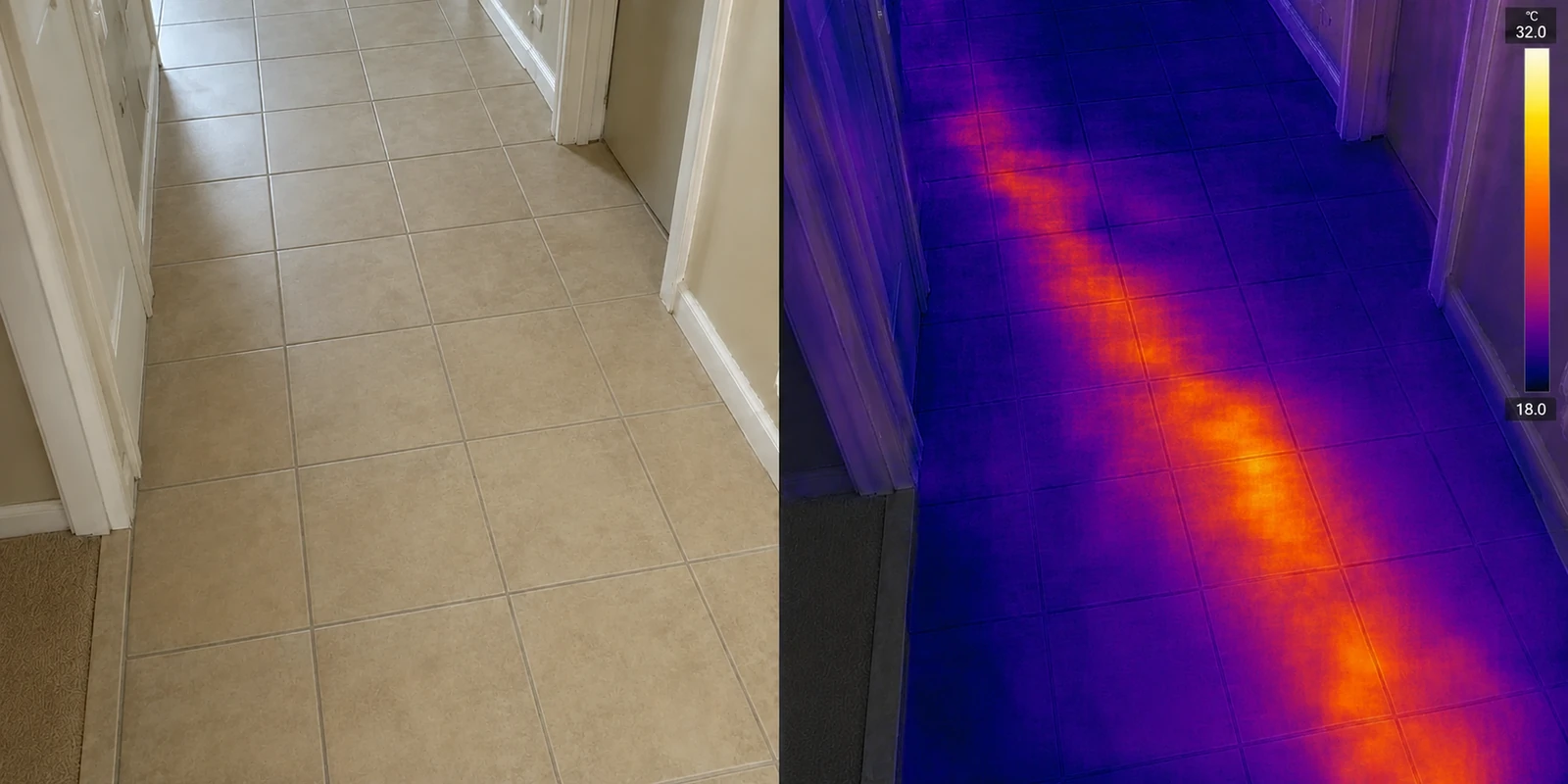 Side-by-side photo and thermal image of a tile hallway floor in a Lake Elsinore home, showing how a slab leak appears invisible to the eye in normal light but reveals a bright orange heat signature down the center of the hallway on a FLIR thermal camera