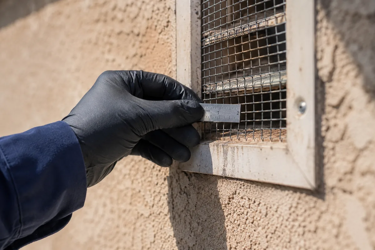 Inspector measuring vent mesh openings on a stucco exterior wall to check Chapter 7A compliance during a Wildomar fire-zone inspection