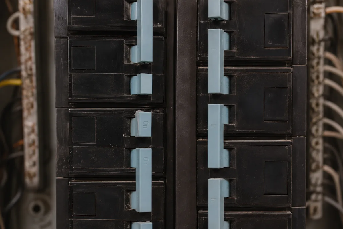 Macro view of aged Zinsco circuit breaker handles in their characteristic light blue color, the visual signature inspectors and buyers should learn to recognize before agreeing to an offer on an older Escondido home