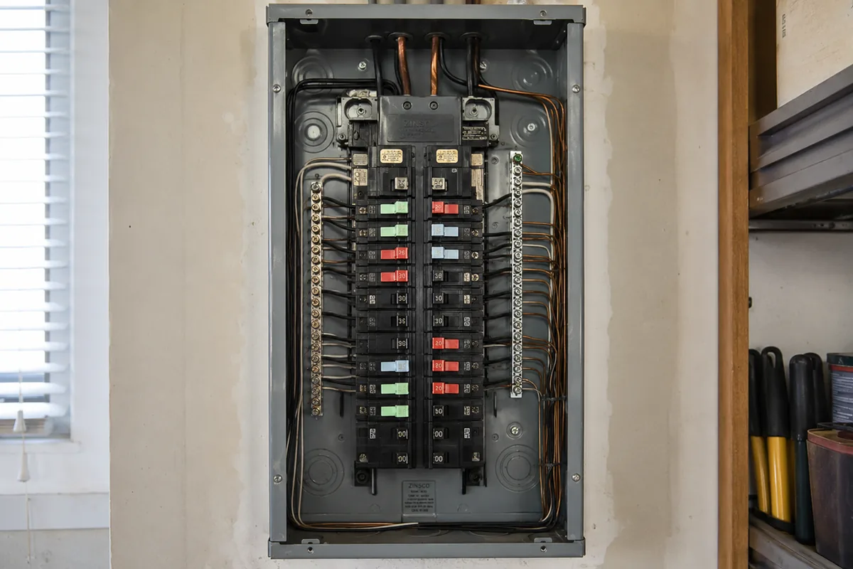Open Zinsco service panel mounted on the wall of an older Escondido home with the dead-front cover removed, showing the original blue and red Zinsco breaker handles arranged across the bus assembly and the conduit feeding the panel from above, the kind of installation Inspection.re still finds during pre-listing walkthroughs of homes built before 1980